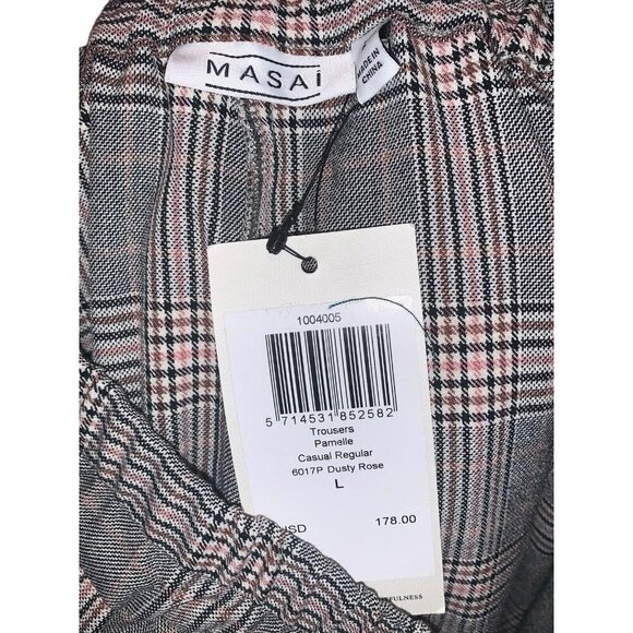 Masai Copenhagen Women's Trousers Pants L Tan Gray Plaid Pullon Cuff Hem Pockets - Picture 4 of 6